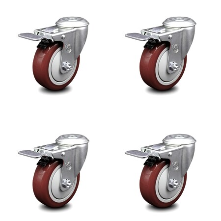 Service Caster 4 Inch Maroon Polyurethane Swivel Bolt Hole Caster Set with Total Lock Brake SCC SCC-BHTTL20S414-PPUB-MRN-4